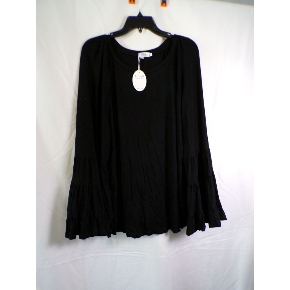 Hount Women Medium Black Rayon Tunic Blouse Tiered Bell Sleeves